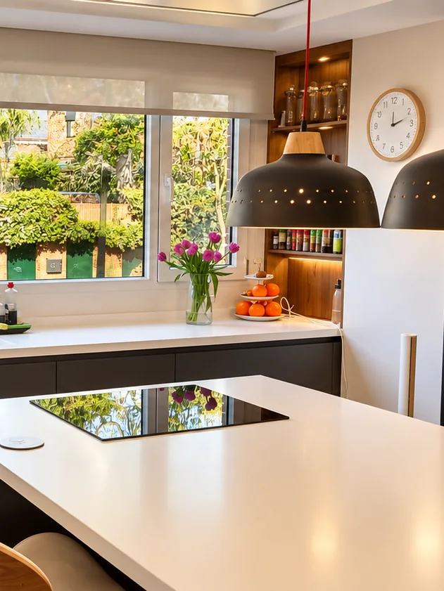 Cocina reformada con isla blanca, placa de inducción, lámparas colgantes y ventanal al jardín