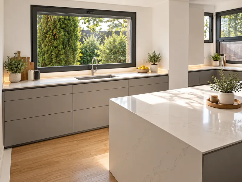 Cocina gris antracita con isla de cuarzo junto a un gran ventanal al jardín
