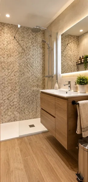 Baño con mueble de madera suspendido y ducha con mosaico