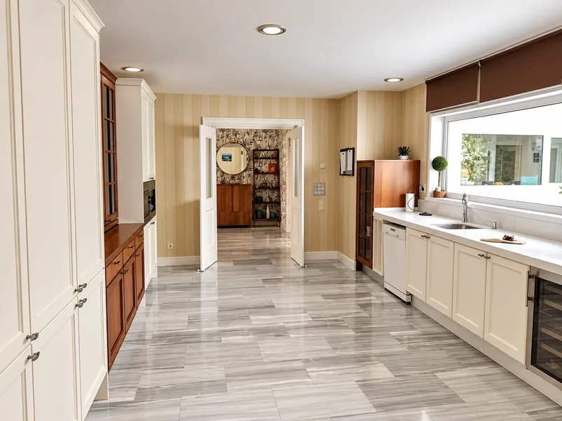 Cocina en galería con muebles blancos de cuarterones y suelo de mármol gris