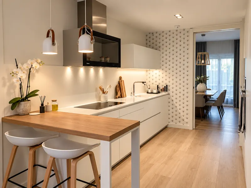 Cocina blanca con barra de madera y taburetes, abierta al pasillo y al comedor