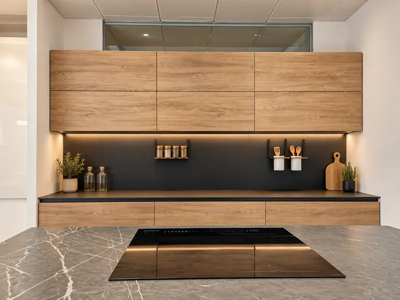 Cocina de madera con frente negro iluminado, vista desde la isla con placa de inducción