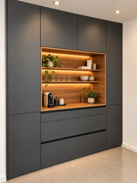 Columna de armarios gris antracita con hornacina de madera iluminada
