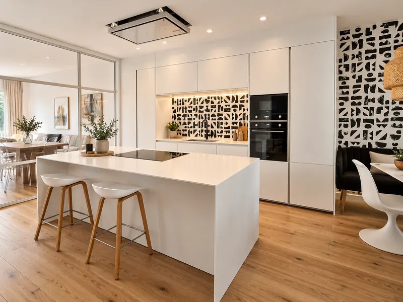 Cocina blanca con isla y taburetes, abierta al salón, con frente de azulejo estampado
