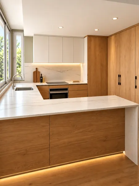 Cocina en L con encimera blanca veteada, muebles de madera y luz en el zócalo