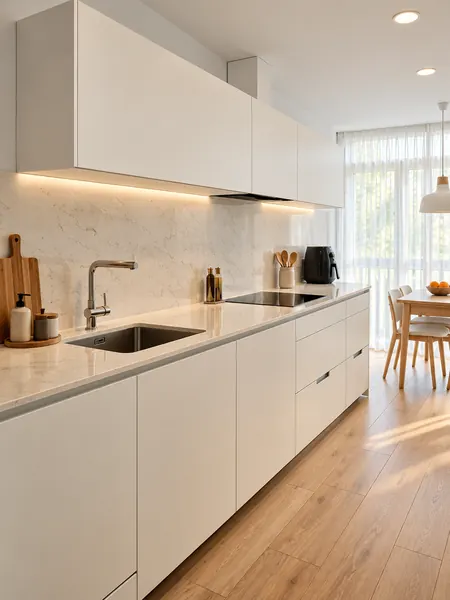 Cocina blanca con encimera veteada, abierta a un comedor luminoso