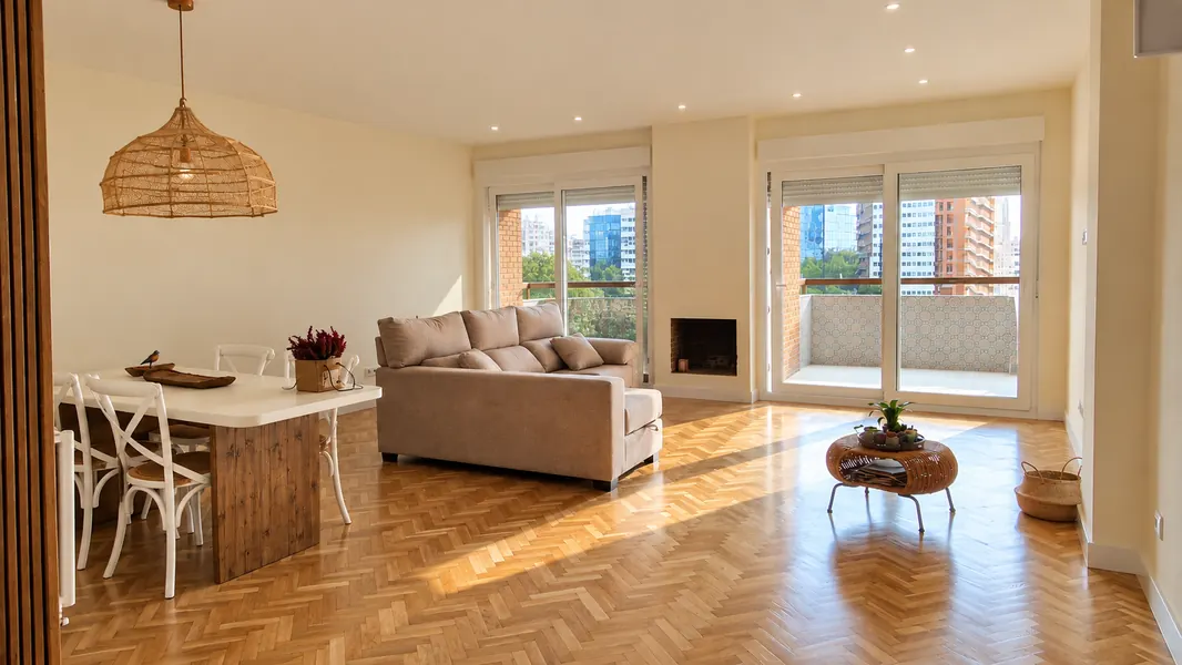 Salón reformado con suelo de parquet en espiga y grandes ventanales