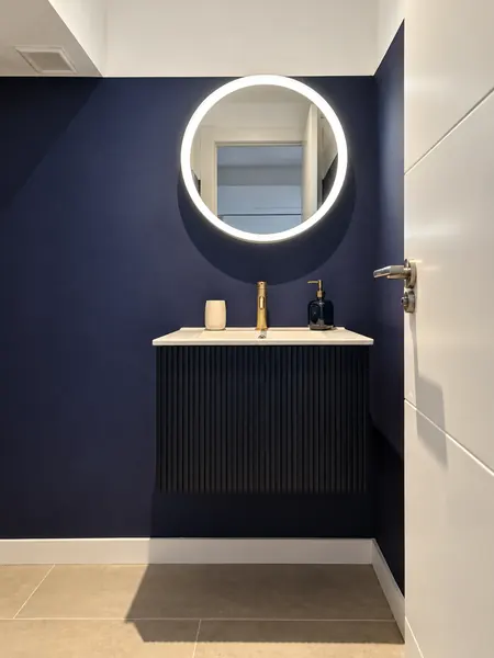 Aseo con pared azul marino, espejo redondo con luz y mueble lavabo suspendido