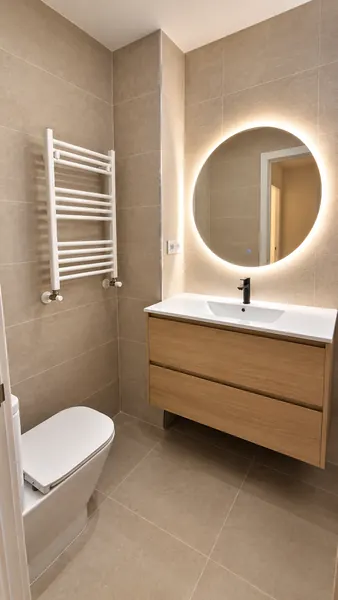Baño con espejo redondo iluminado, toallero blanco y mueble de madera
