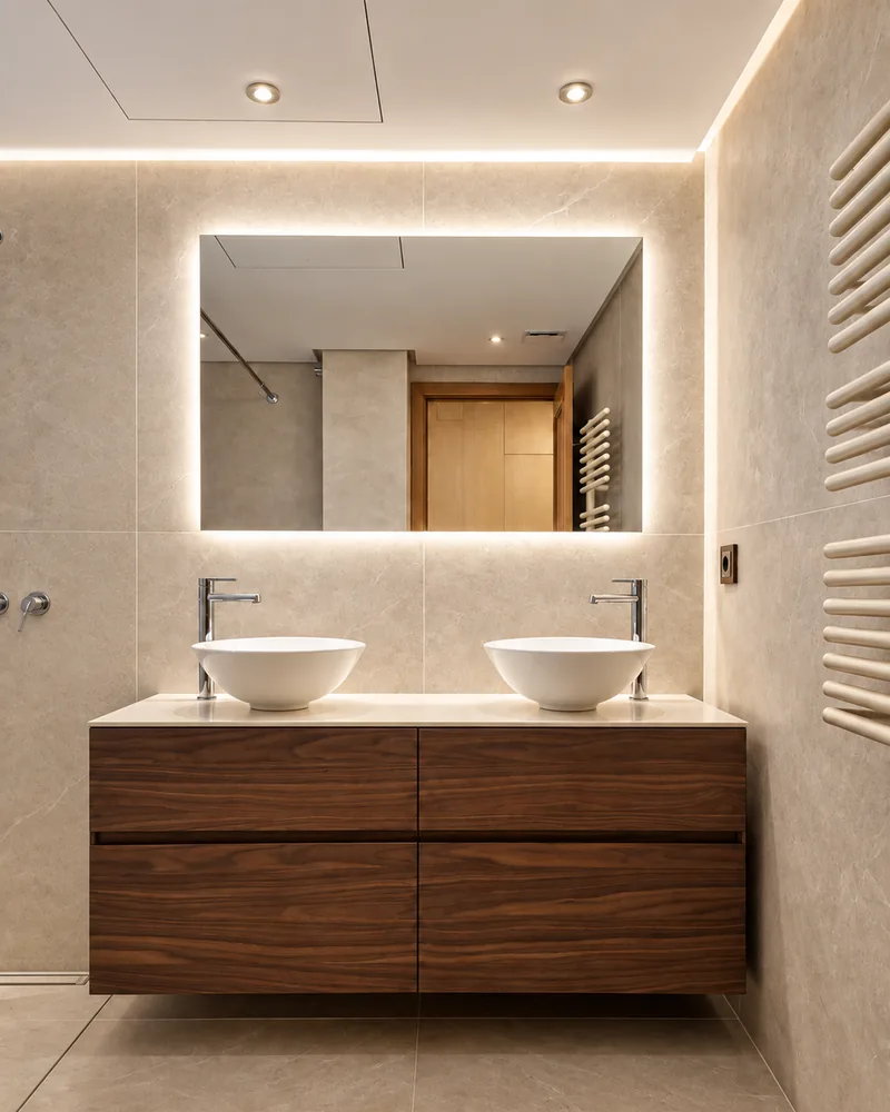 Baño reformado con mueble de nogal suspendido, doble lavabo sobre encimera y espejo retroiluminado