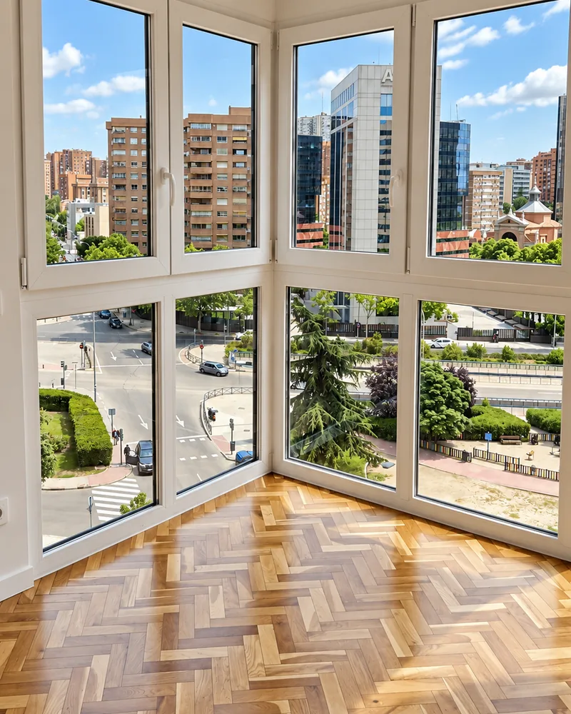 Estancia con ventanales nuevos en esquina y suelo de parquet en espiga restaurado
